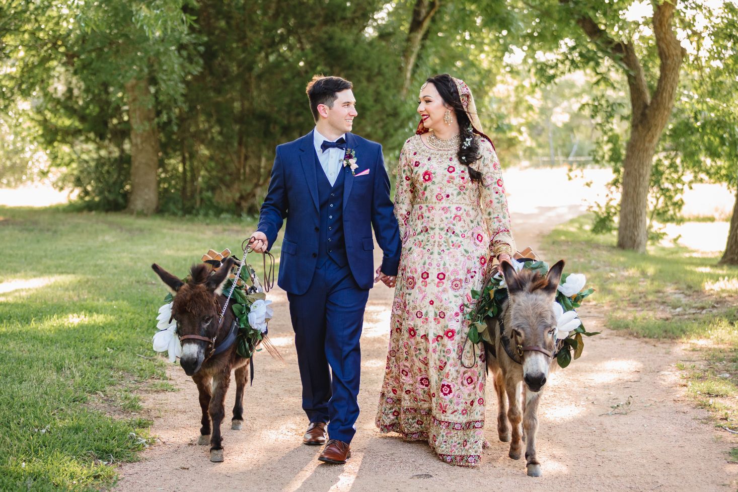 Groom and bride are walking on a dirt path with two donkeys. Groom is wearing a blue suit and smiling at his bride wearing ethnic bridal garments. Green tress and grass in the background of Pecan Springs Ranch wedding venue.
